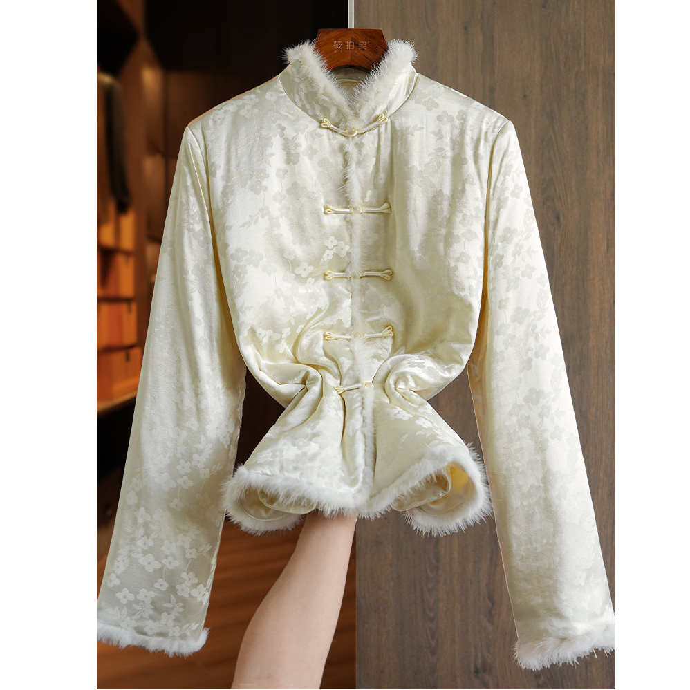 YI 水貂毛新中式盘扣暗纹提花薄棉服国风外套女冬~