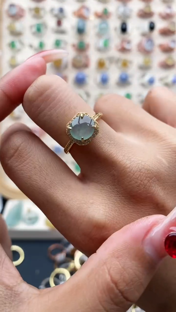 【闪购商品】翡翠戒指银S925镶嵌缅甸天然A货翡翠444 1+3