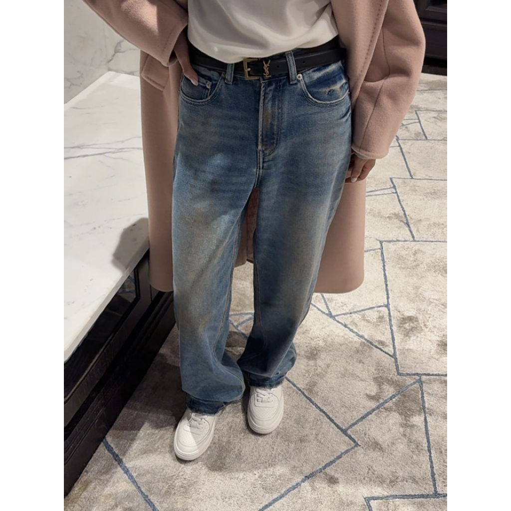 【曼文kiki】“猫抓纹脏脏裤”美式磨白高腰宽松直筒牛仔裤  25Q1227