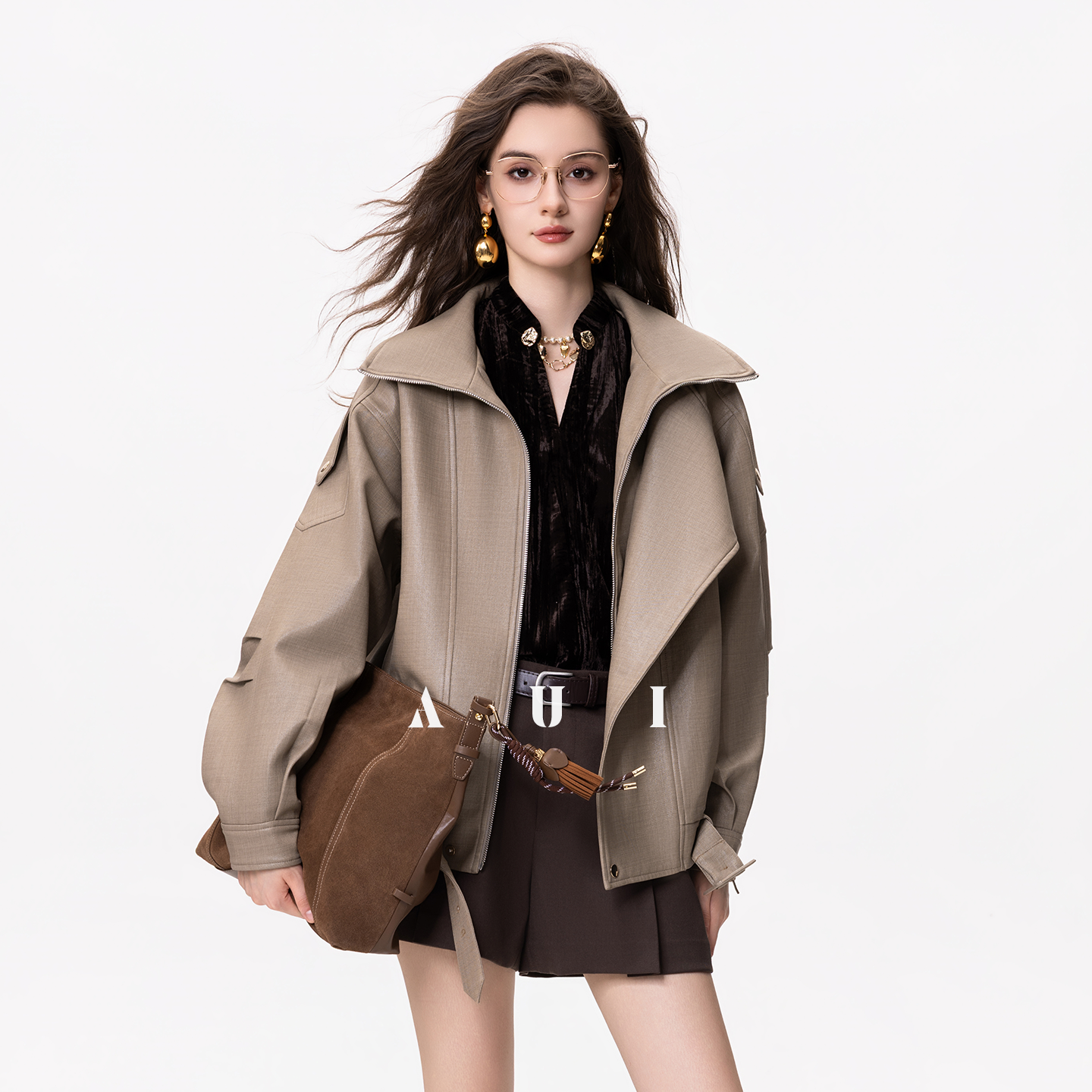 【七七专属】AUI棕色双层领夹克外套秋冬季短款风衣-25W100730