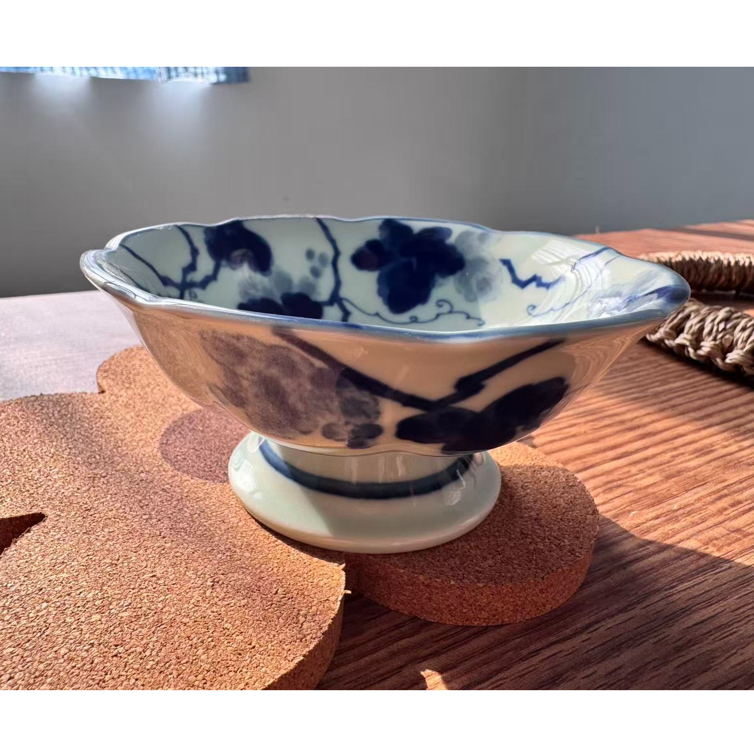 日本进口美浓烧葡萄米饭碗 陶瓷高脚碗 釉下彩甜品碗汤碗印染工艺