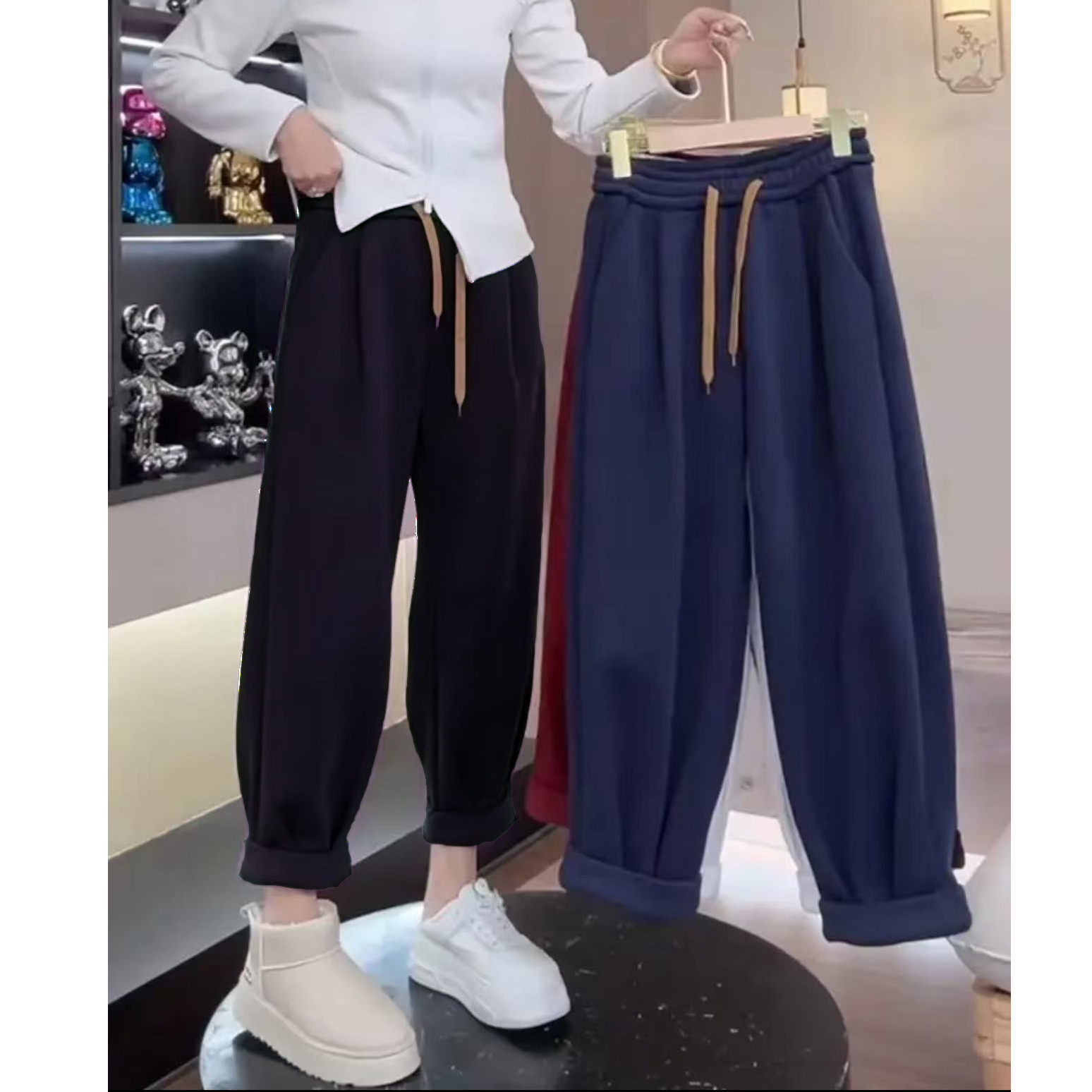 2025秋冬新款加绒加厚显瘦宽松奶奶裤直筒翻边休闲卫裤阔腿裤女