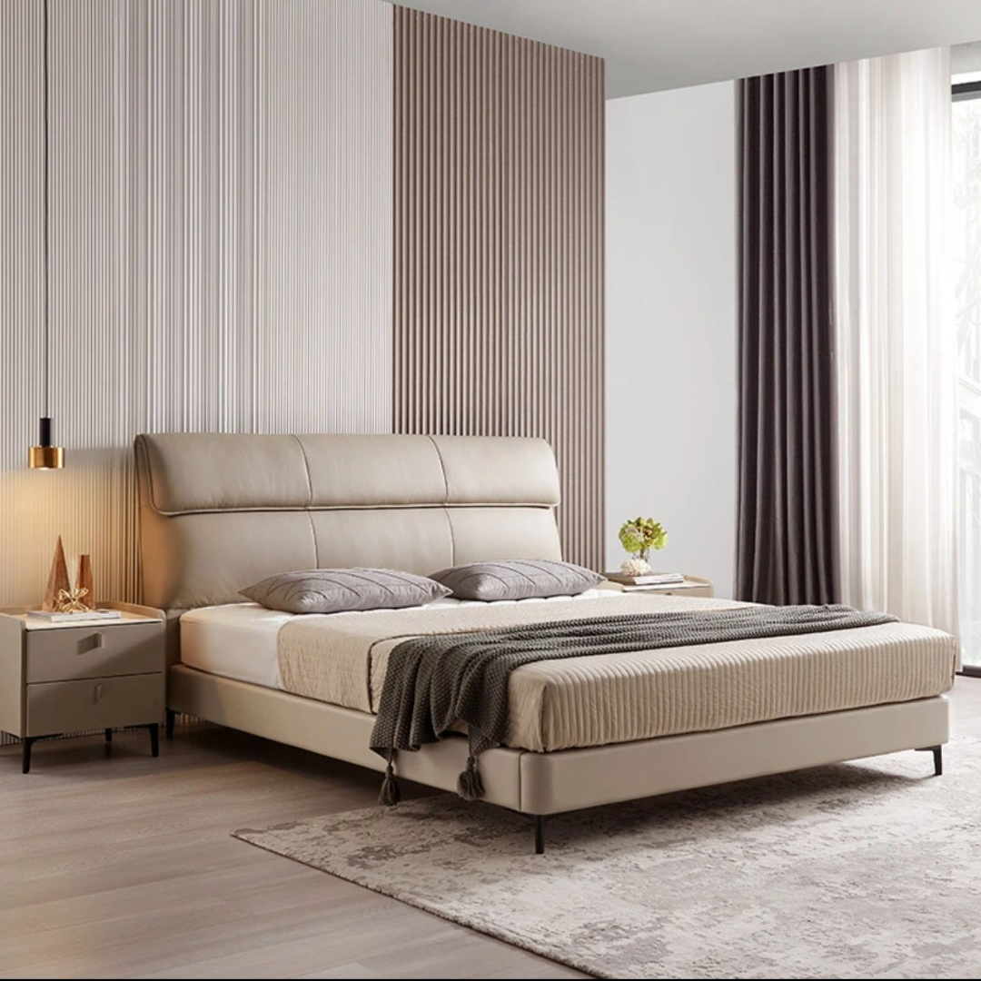 现代简约意式轻奢真皮床双人床软包大床头层牛皮主卧室极简家用