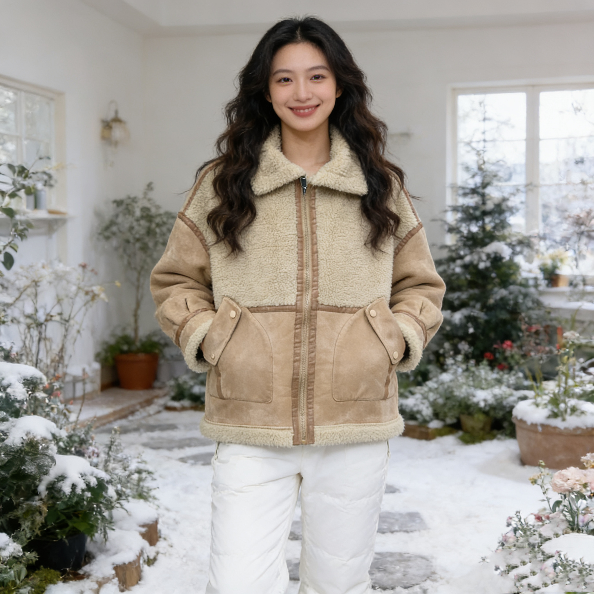 女装短款时尚秋冬拼接冬季女款羊羔绒宽松803