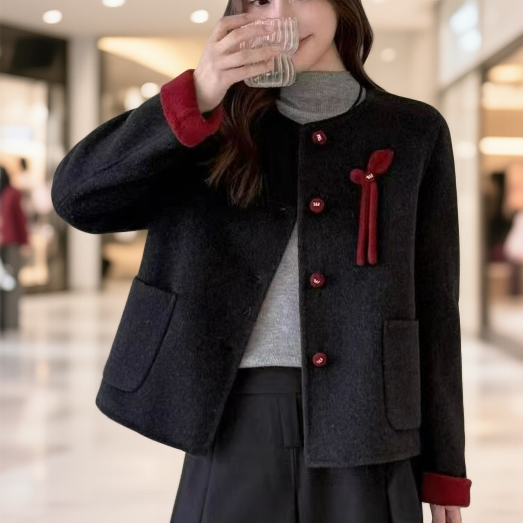 美妈款蝴蝶结小香风双面羊毛秋冬季高贵优雅气质加厚外套