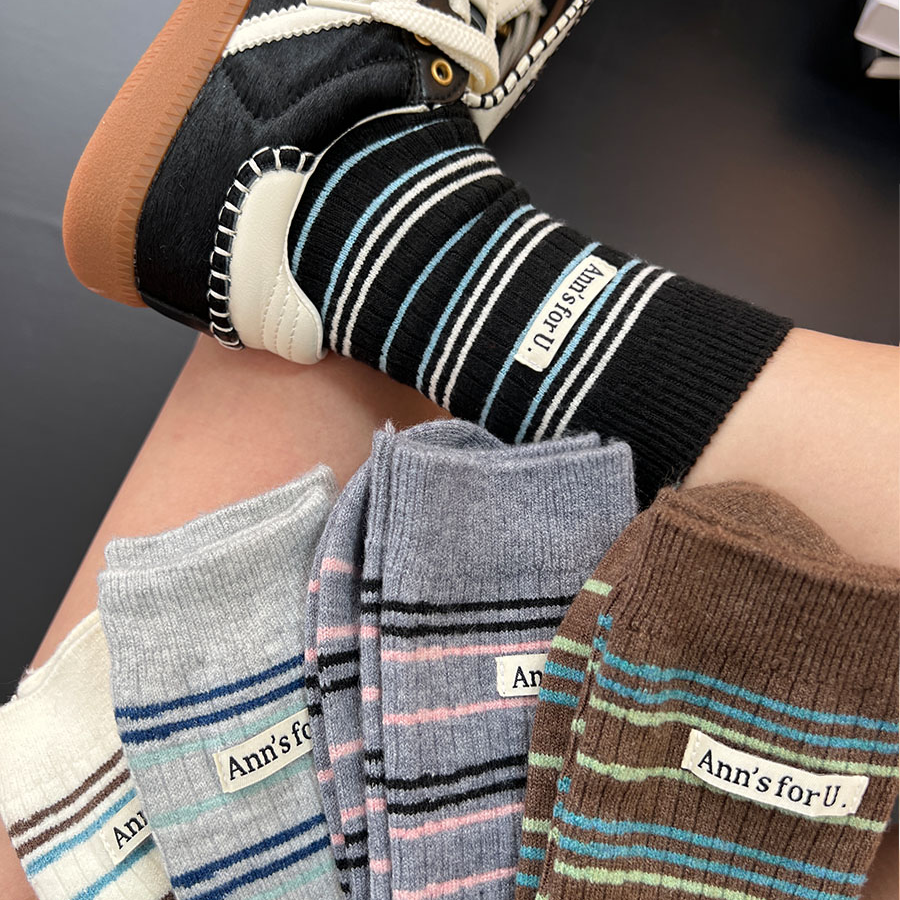 【5双装】日系复古条纹混纺羊毛中筒袜冬季新款学院风布标堆堆袜