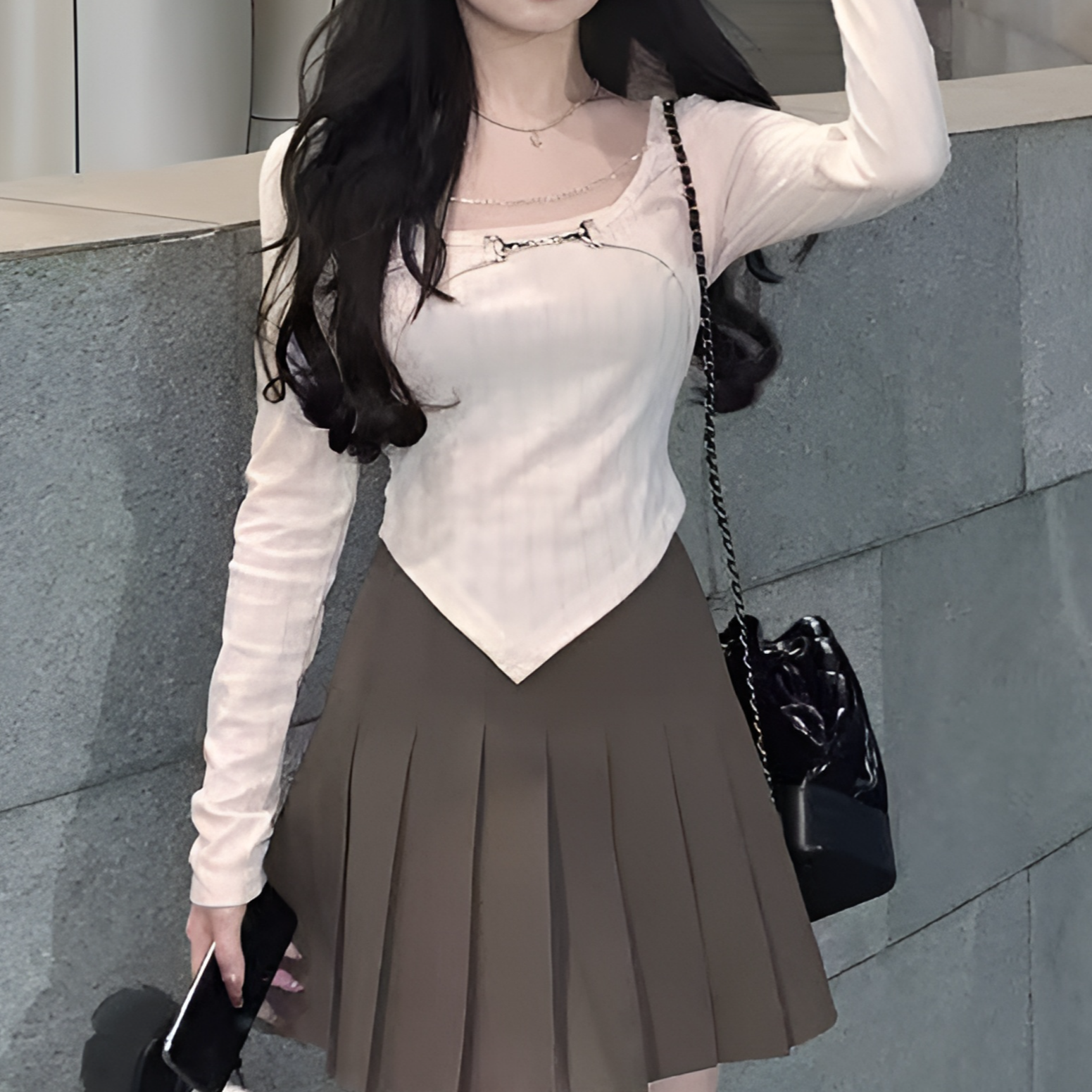 设计感假两件不规则t恤女春秋内搭打底衫小众紧身纯欲风长袖上衣
