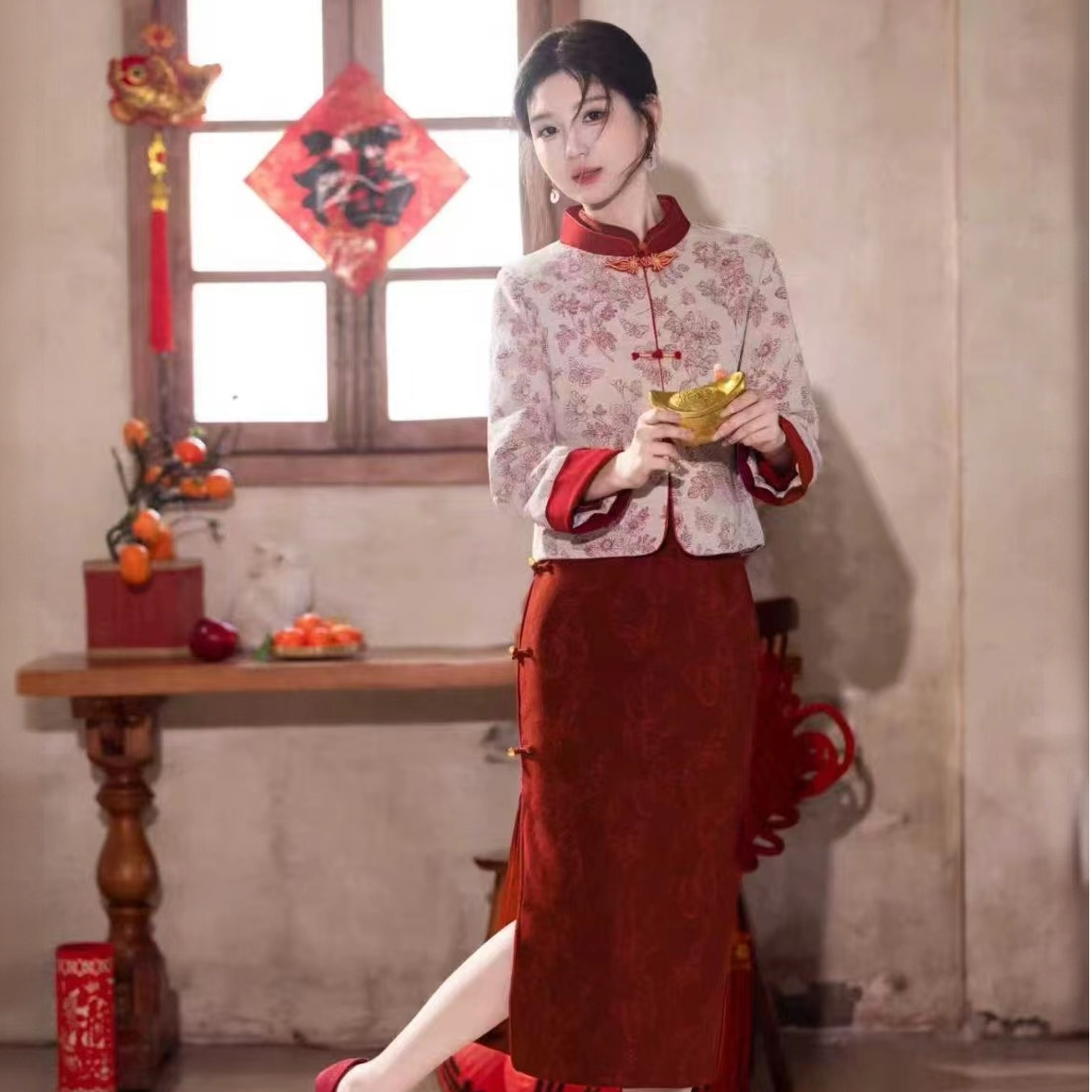 锦绣-新中式长裙低领提花厚款宴会旗袍秋冬拜年服中式冬款长袖