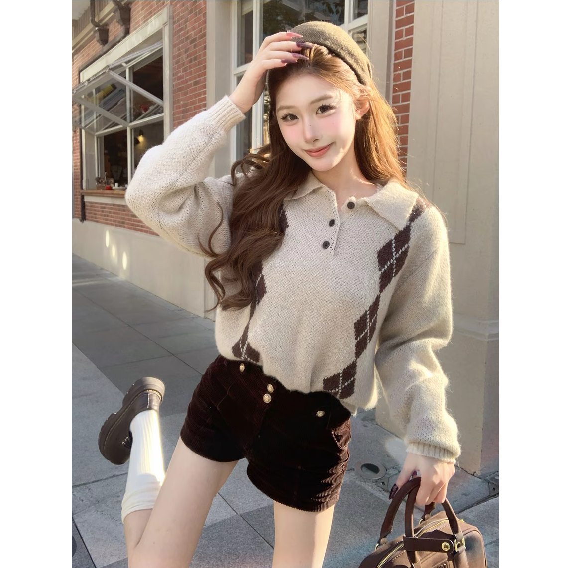 【杉麓记格】菱形格学院风针织衫+灯芯绒短裤L2082+L2083        