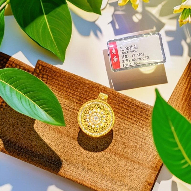 2老庙黄金精致大气莲花好运八宝盘足金吊坠