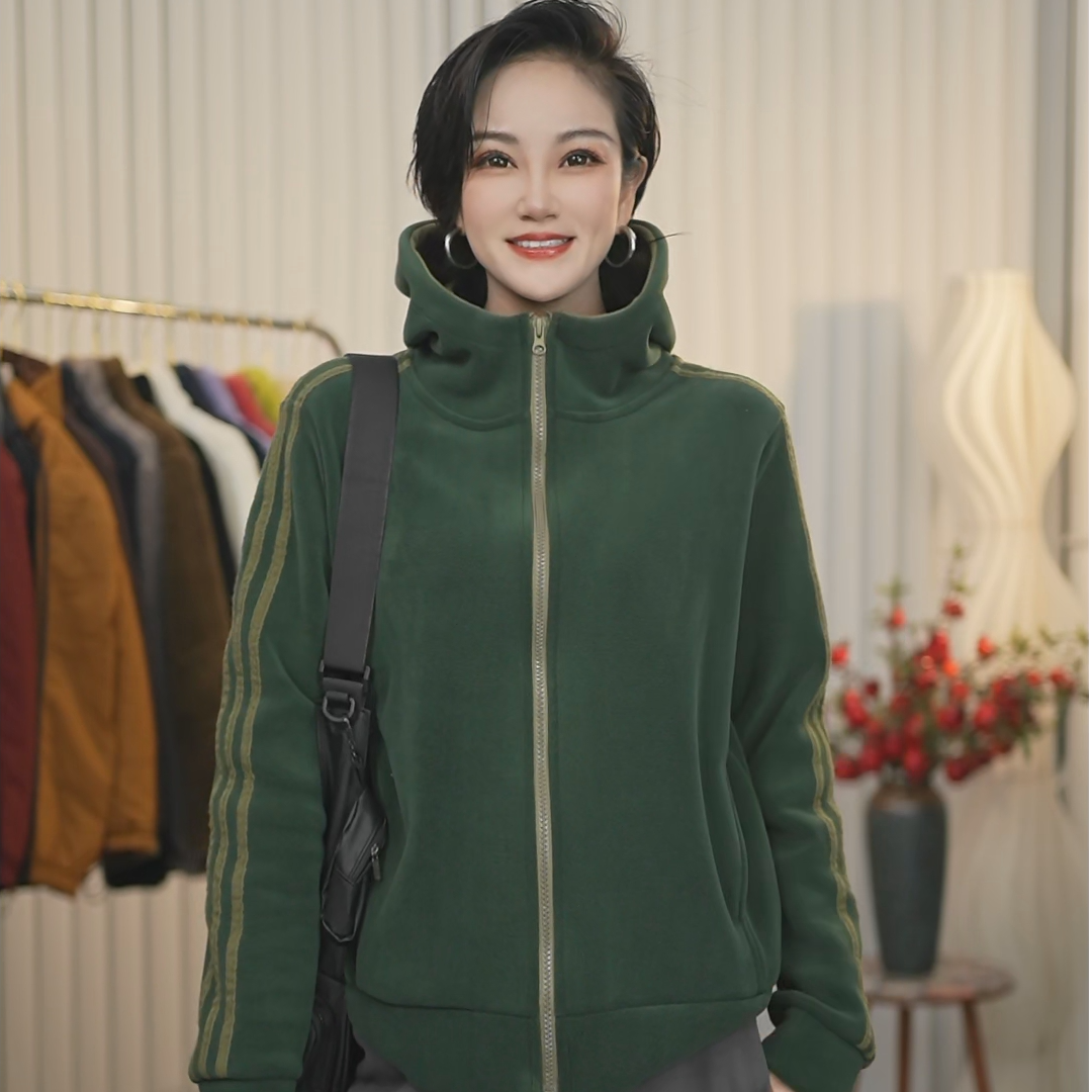 加厚高克重双面澳粒绒拼接连帽外套运动开衫加绒加厚户外宽松外套