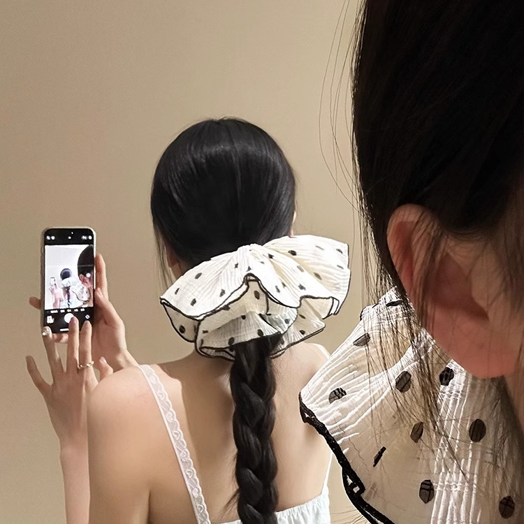  韩系波点~超大米白色双层大肠发圈女高级感百搭发饰2025春季发绳