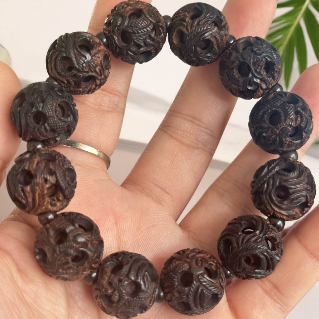 海南红降花梨公雕刻镂空三层1.5单圈