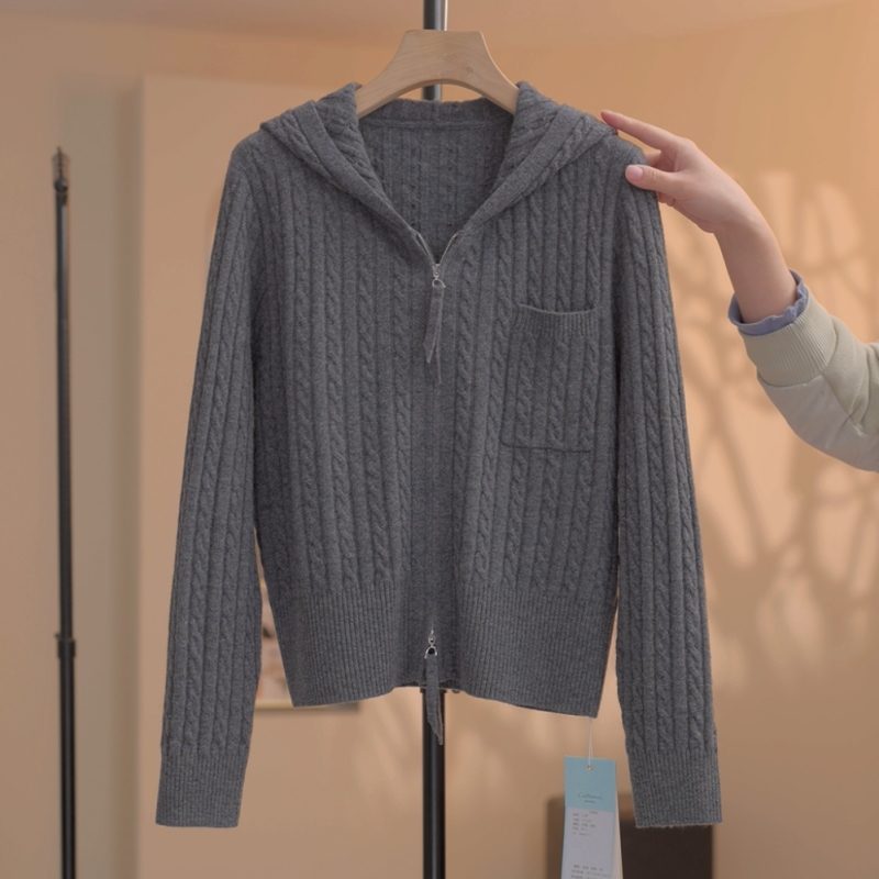 【阿紫】【100%绵羊毛】时尚双头拉链连帽百搭显瘦针织衫-Y20235