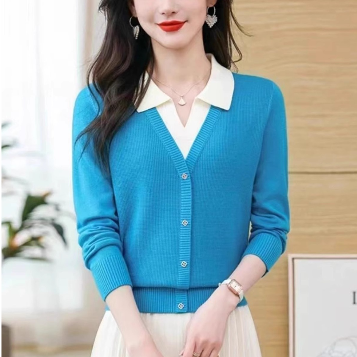 假两件POLO领针织衫毛衣女秋季新款拼色高档保暖韩版短款打底上衣