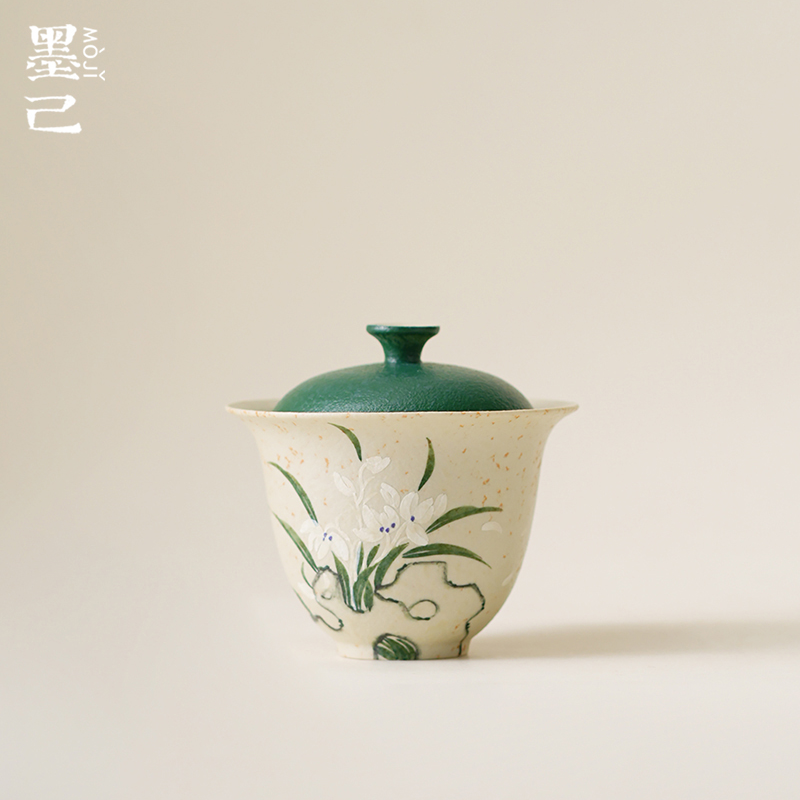 墨己火石红手绘空谷幽兰陶瓷二才盖碗高档望月盖碗家用手抓泡茶碗