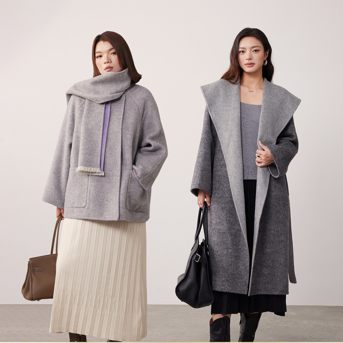 PLUSMALL 暮山烟紫 混纺双面撞色双面呢大翻领大衣PLUS2509014