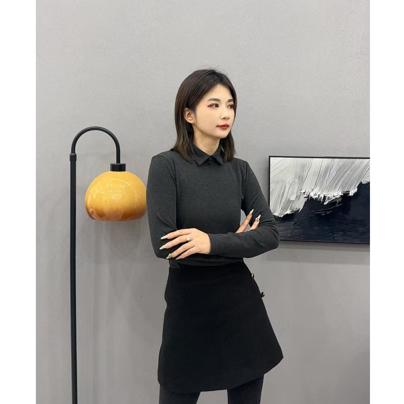 大胡子25年新款方领加绒加厚冬季保暖修身显瘦百搭纯色T恤88029-3