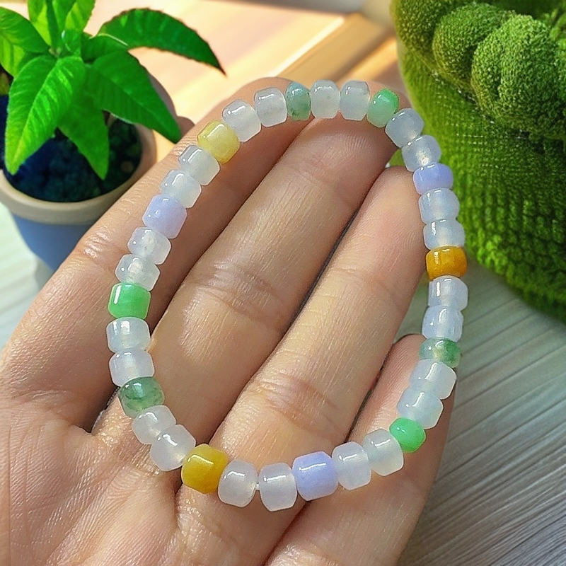天然缅甸翡翠桶珠老形珠特色多宝手串女款女士素圈闺蜜彩色百搭