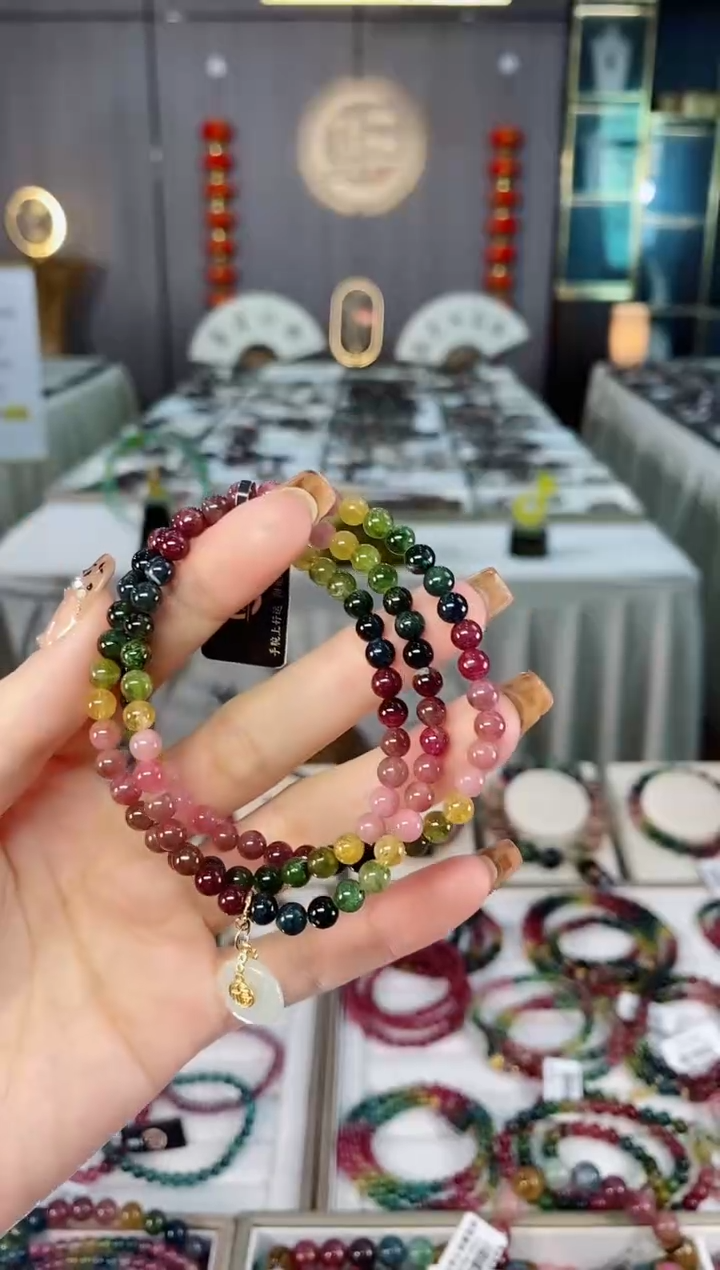 未镶嵌老矿碧玺色标油料三圈手串5mm+碧玺dan多样性发货一条
