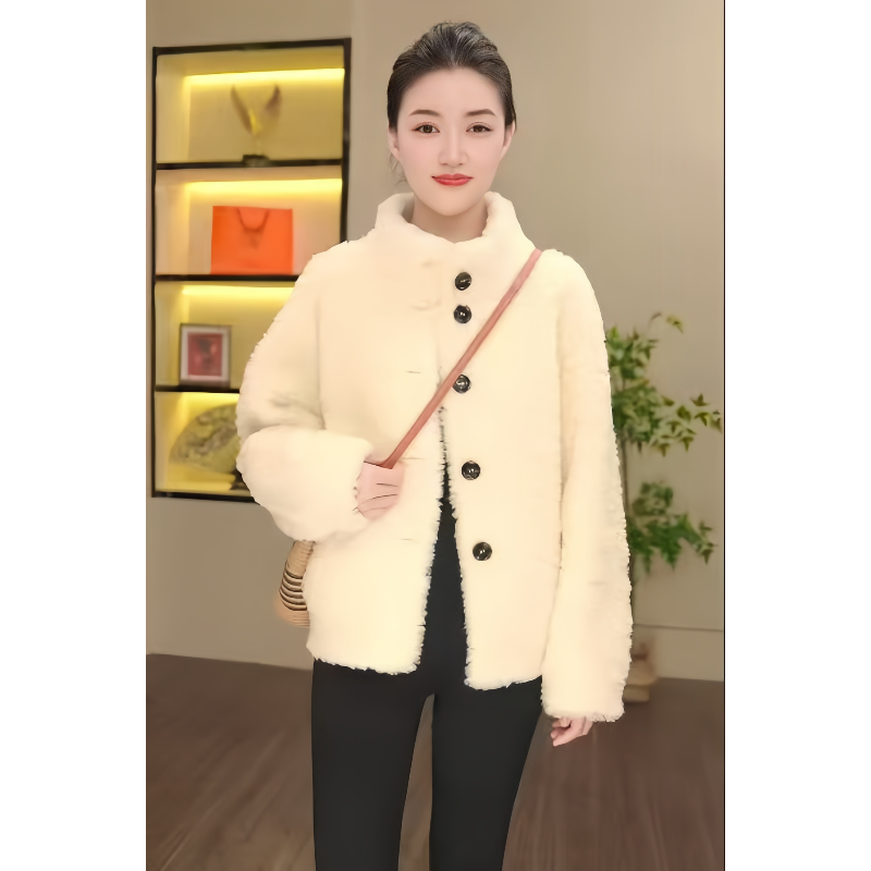 珠珠禾（慵懒冬日）立领纯色轻奢简约风羊毛皮毛外套