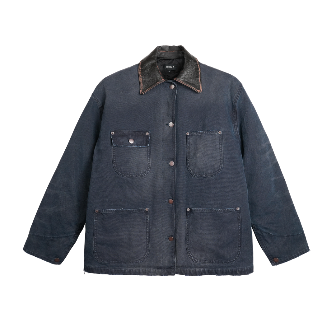 MKSZY密歇根 复古擦色做旧洗水羊皮领 四袋工装帆布夹克绗棉棉服