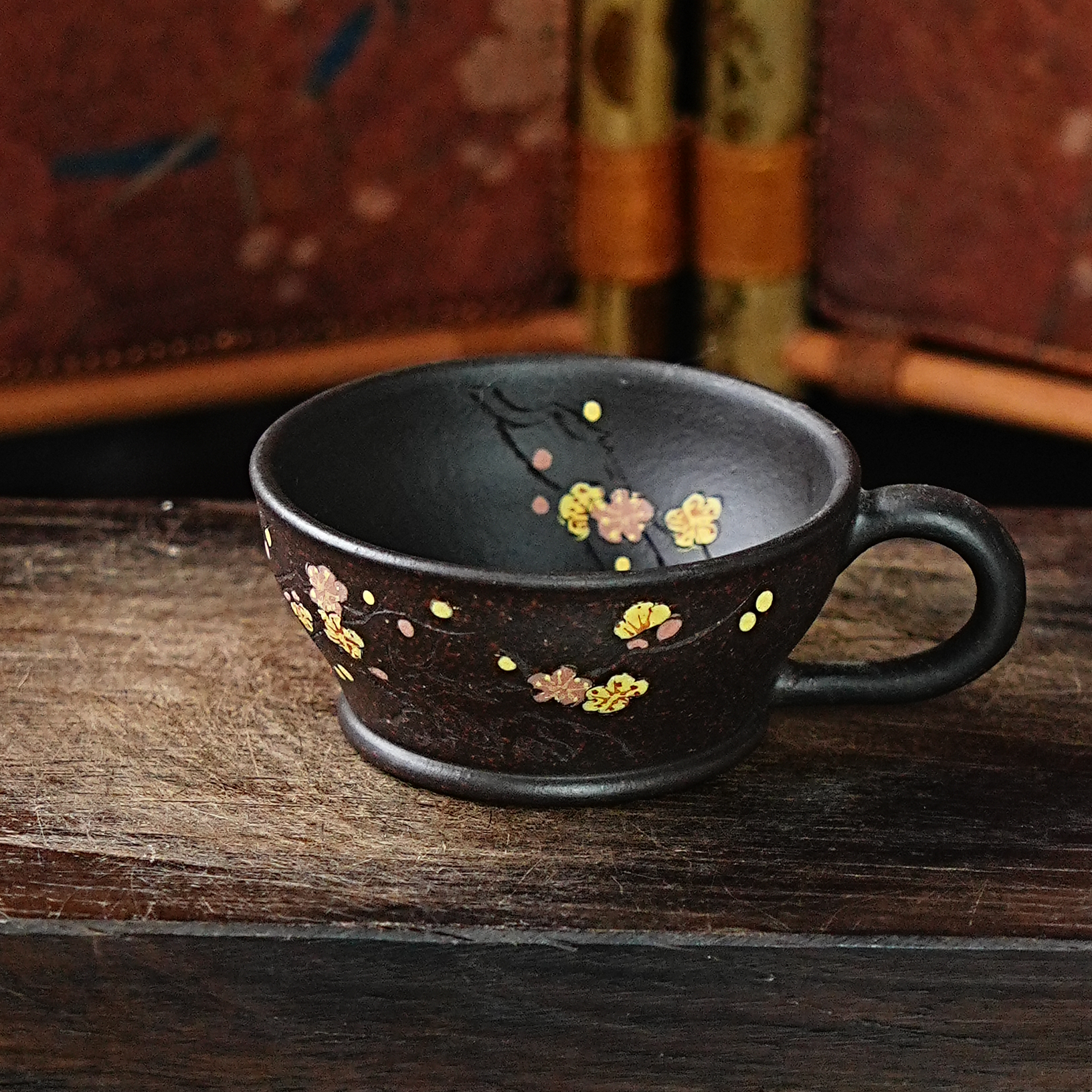 【0220梅花把杯】宜兴原矿紫砂全手工刻绘梅花茶具主人杯茶器柴烧杯