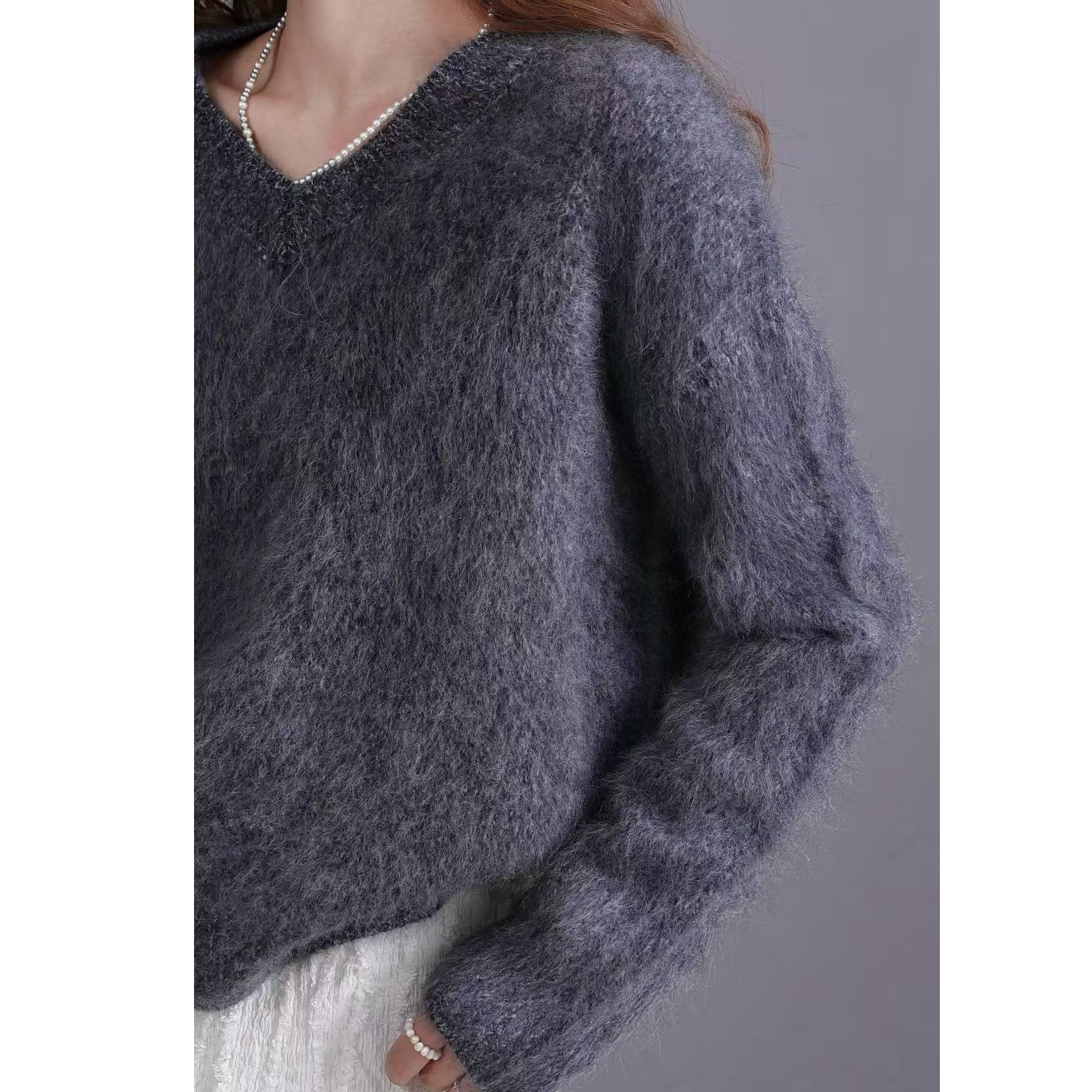 【MUJIN-V领】羊绒针织衫女子落肩袖针织女网红花纱打底衫女装