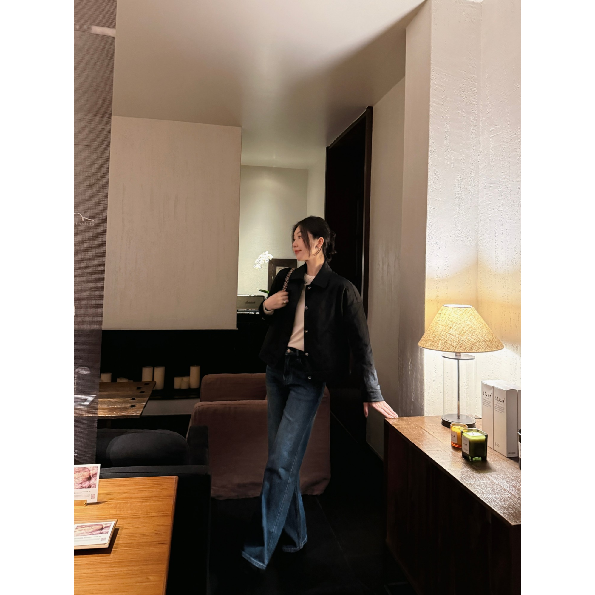 syna希娜 菱格纹衔缝翻领棉外套