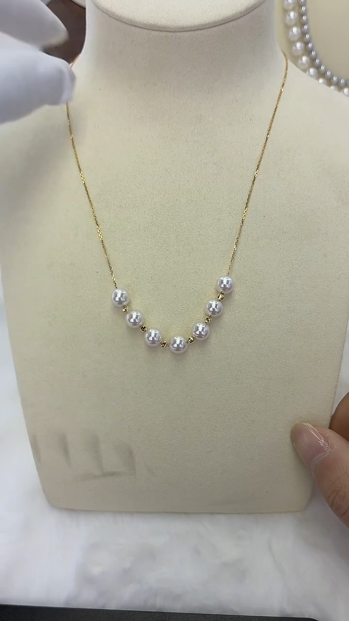 18K金镶嵌吊坠海水珍珠Akoya 七珠微笑链 7-7.5MM  18K金 