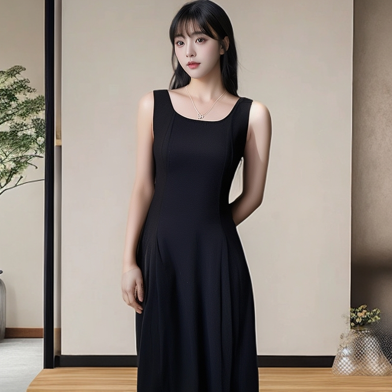 春夏季赫本风高级无袖U领宽肩带时尚显瘦收腰A字裙法式连衣裙