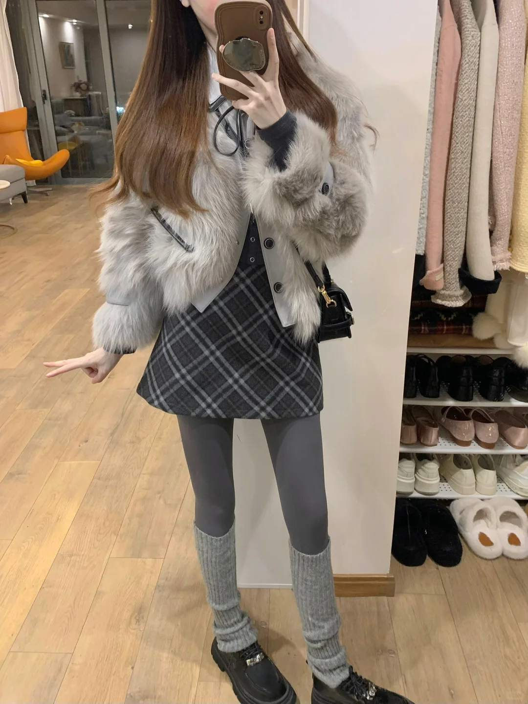 2025秋冬新款韩系小香风翻领毛毛拼接外套女搭配半裙气质两件套女