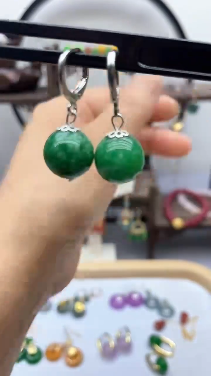 石英质玉（非洲翠）银S925镶嵌耳饰113