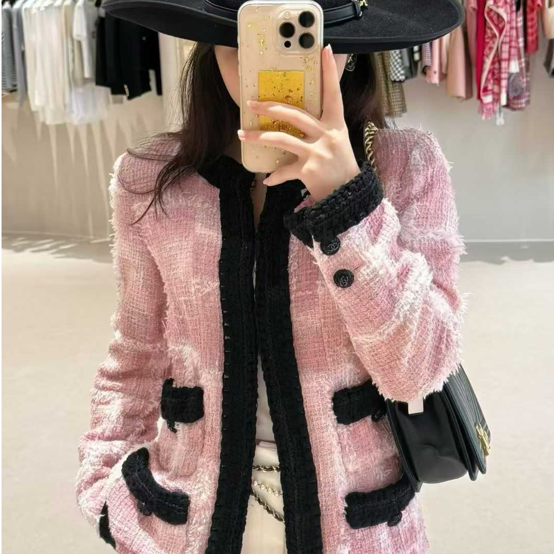 99新 Chanel/香奈儿 36码22C粉色晕染拼黑色滚边四口袋粗花呢外套