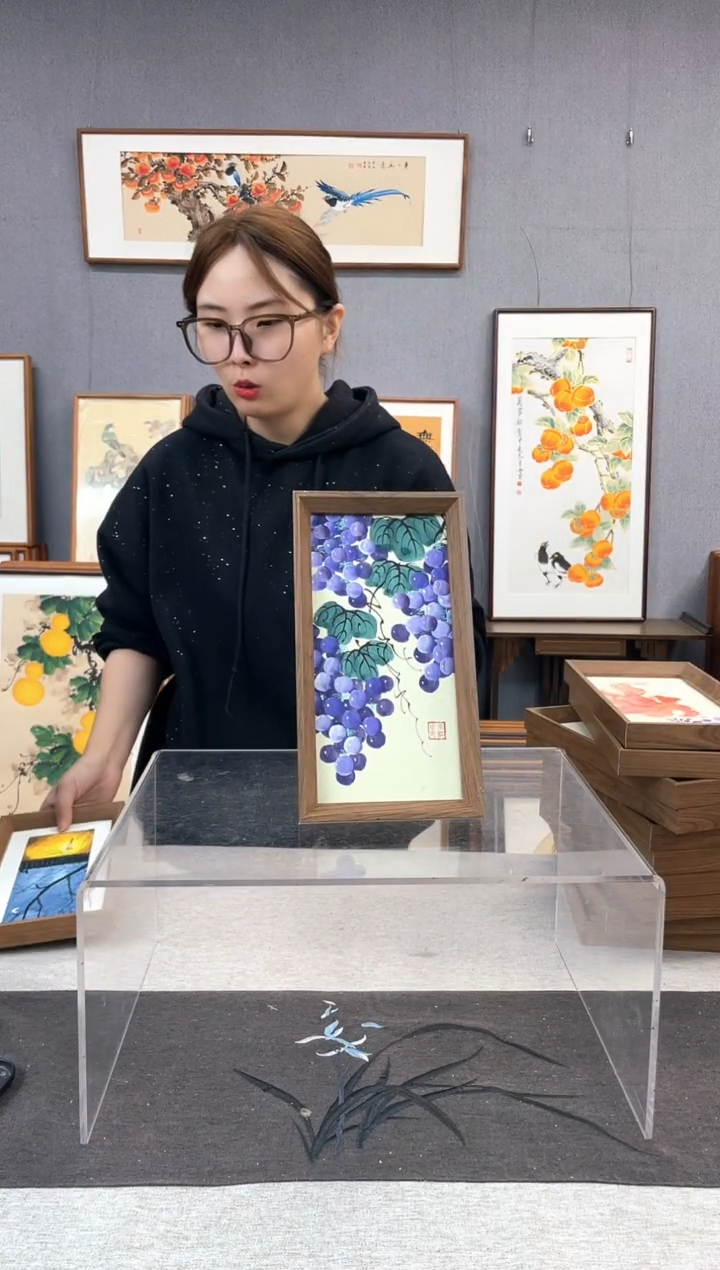 【闪购商品】国画手写手绘带框作品-16*29-葡萄