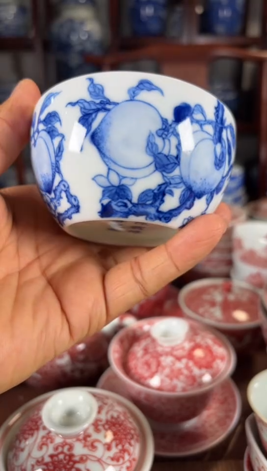 柴窑青花桃子杯杯