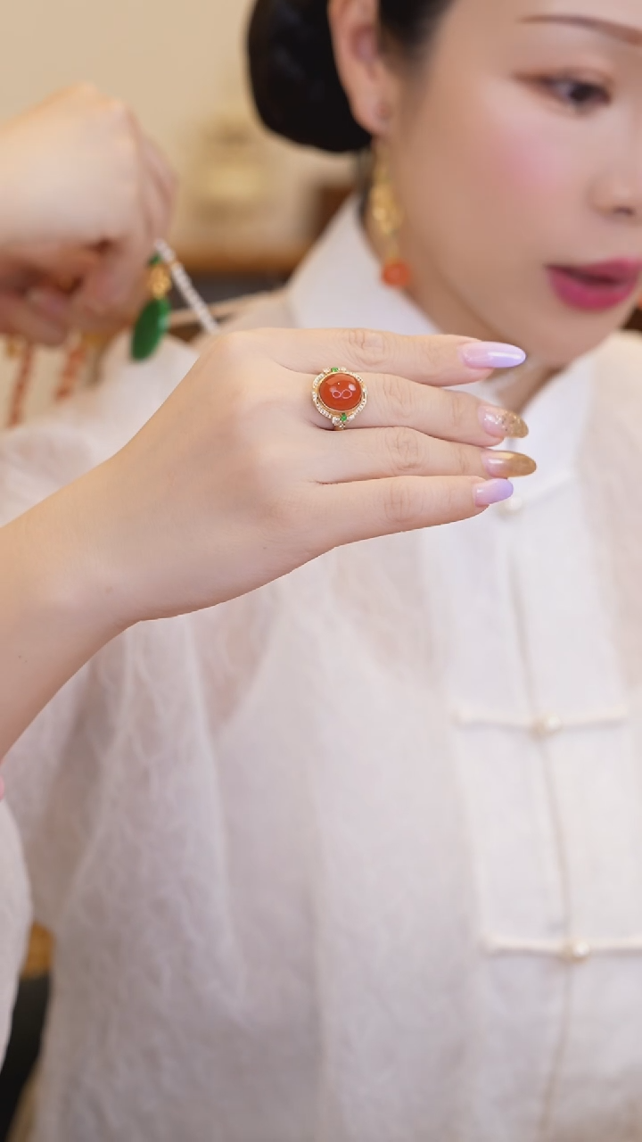 【闪购商品】南红玛瑙圆珠戒指18K金镶嵌ZS