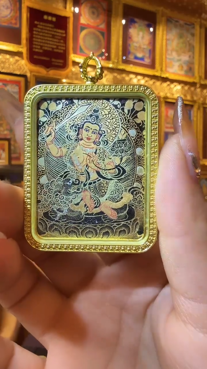 吊坠黑金双面文老师-罗藏热杰手绘唐卡