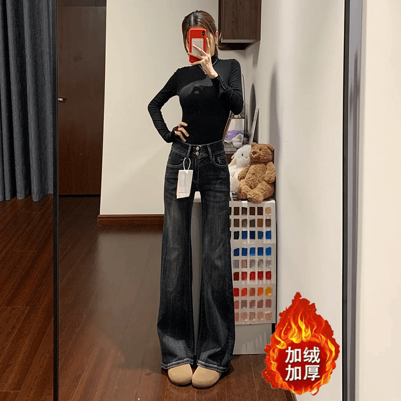 【现货+运费险】美式复古深蓝色微喇牛仔裤女弹力不贴腿直筒喇叭裤