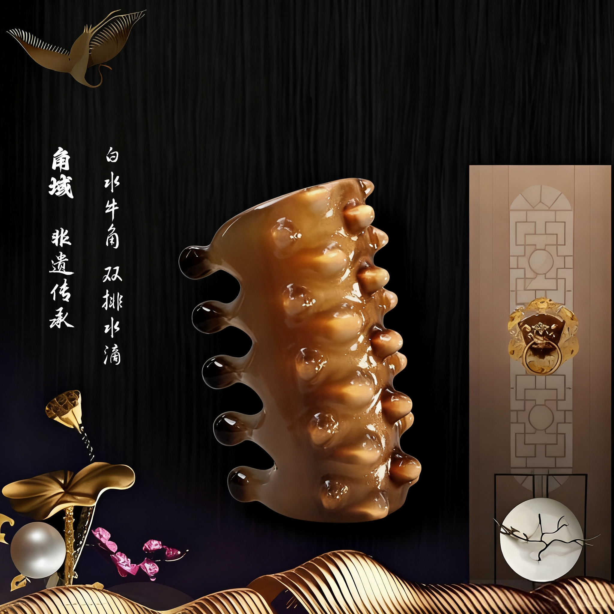 【角域】白水牛角双排水滴 天然材质头疗理疗随身携带经络梳