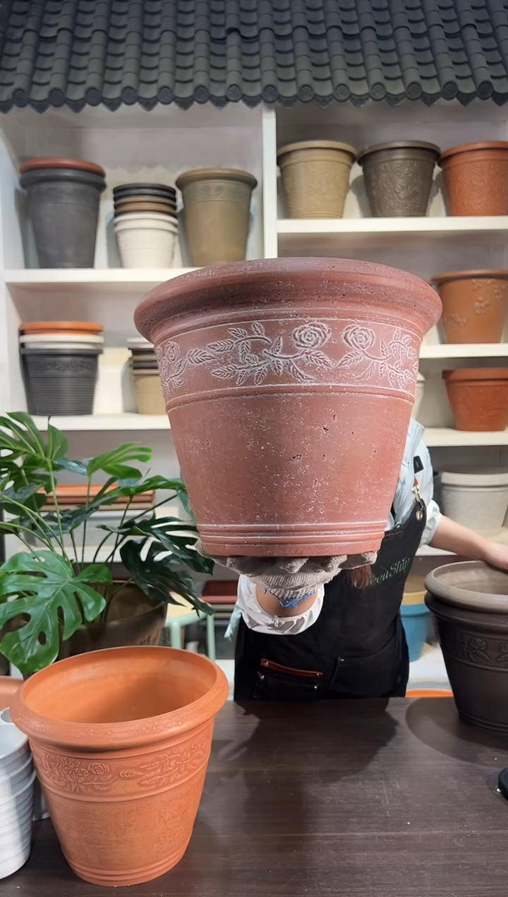 30*24.5/MC30/陶土刷白/浮雕花盆外贸尾单