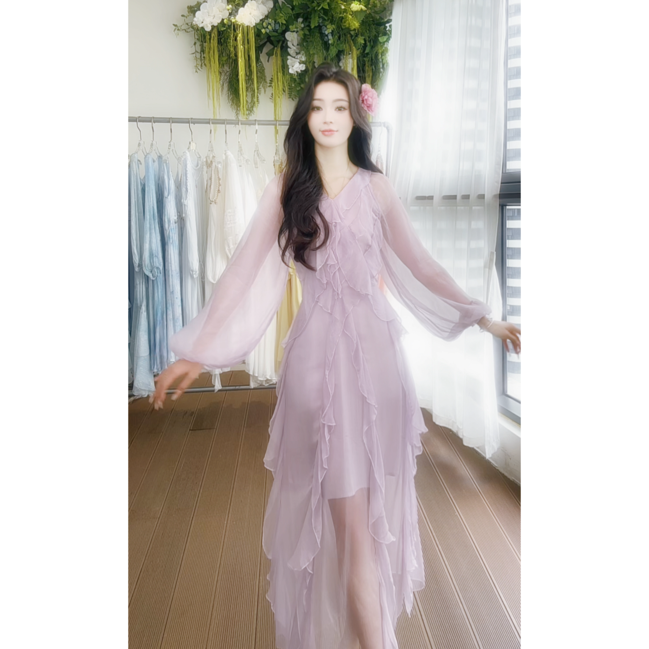 【禾枫丫丫-紫雾长袖】重磅100桑蚕丝连衣裙轻奢气质8E-085