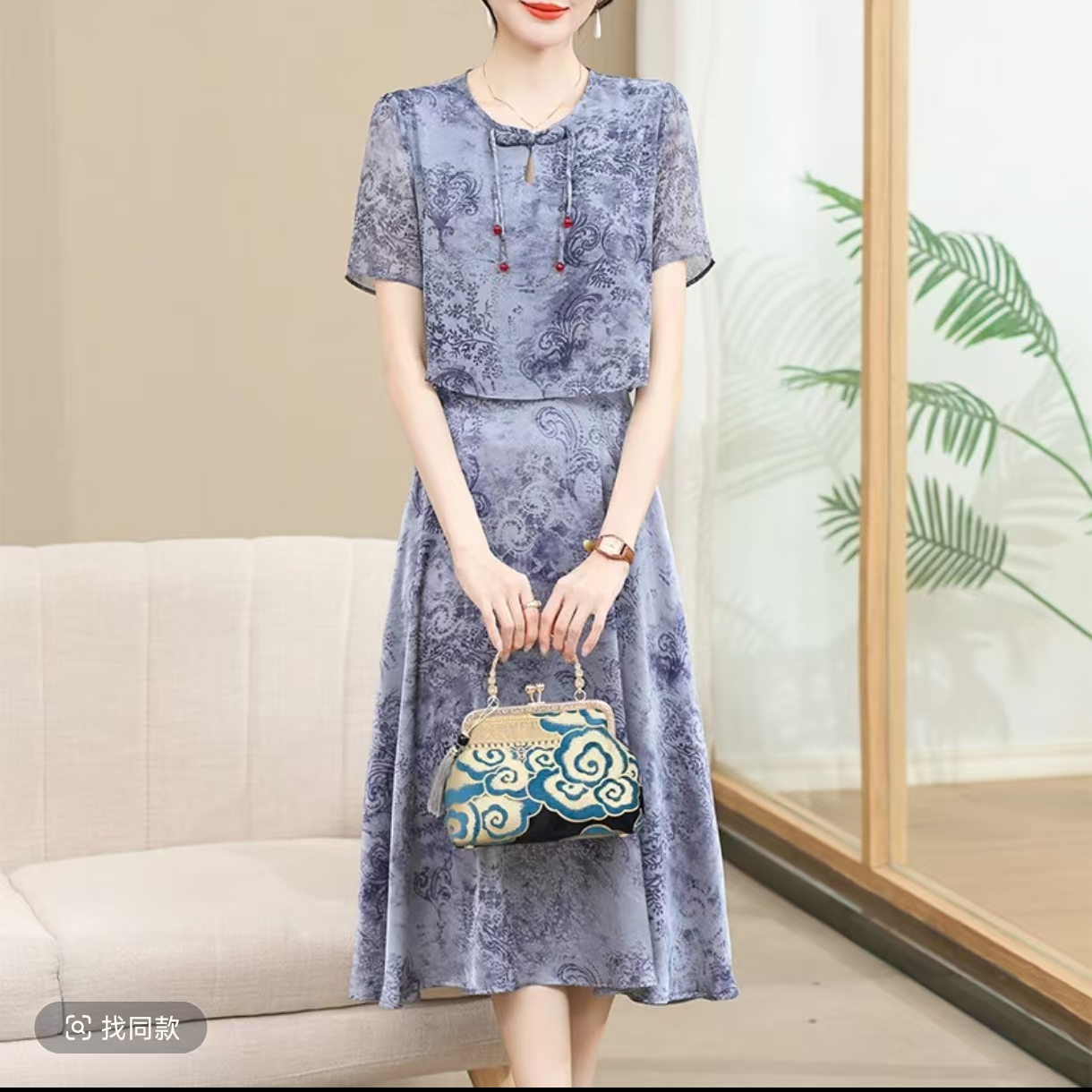 345-女装夏季中国风碎花时尚纽扣新中式连衣裙