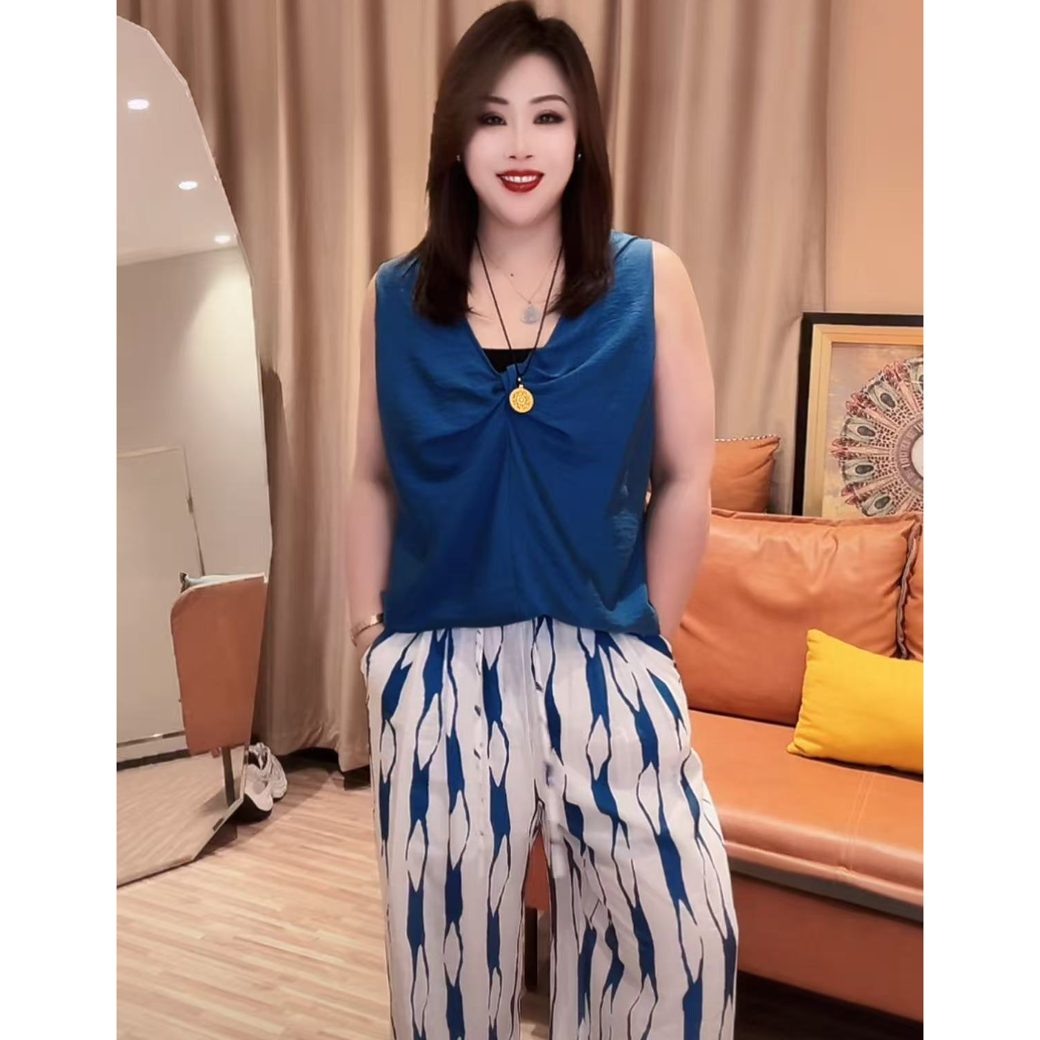 25009夏度假两件套无袖双面背心蝴蝶结时尚套装女新款条纹长裤NJ