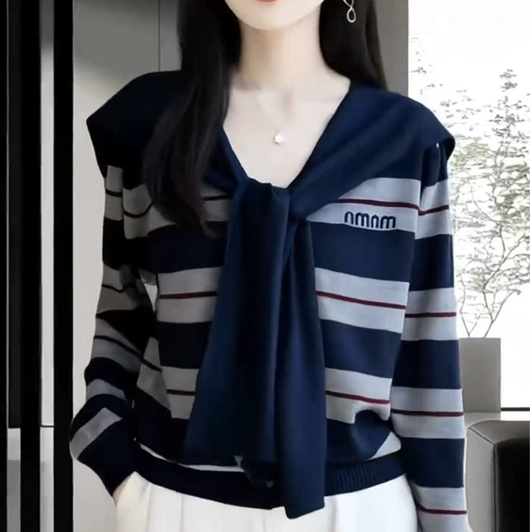 【80-180斤】条纹披肩针织开衫女秋冬宽松显瘦假两件上衣减龄外套潮