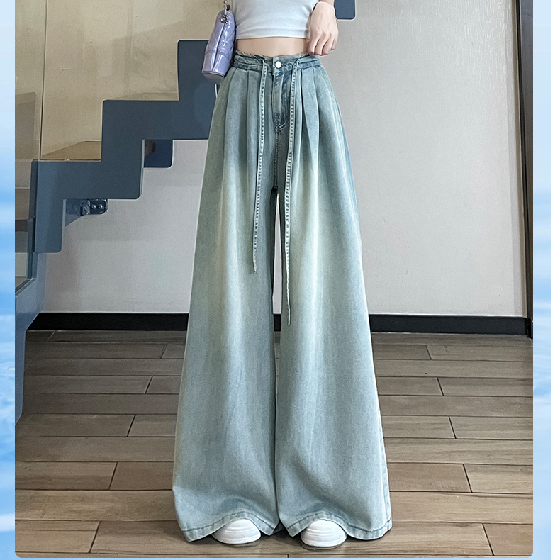 PERIKAS夏季冰感浅蓝莱赛尔天丝高腰宽松显瘦欧若风阔腿牛仔裤女