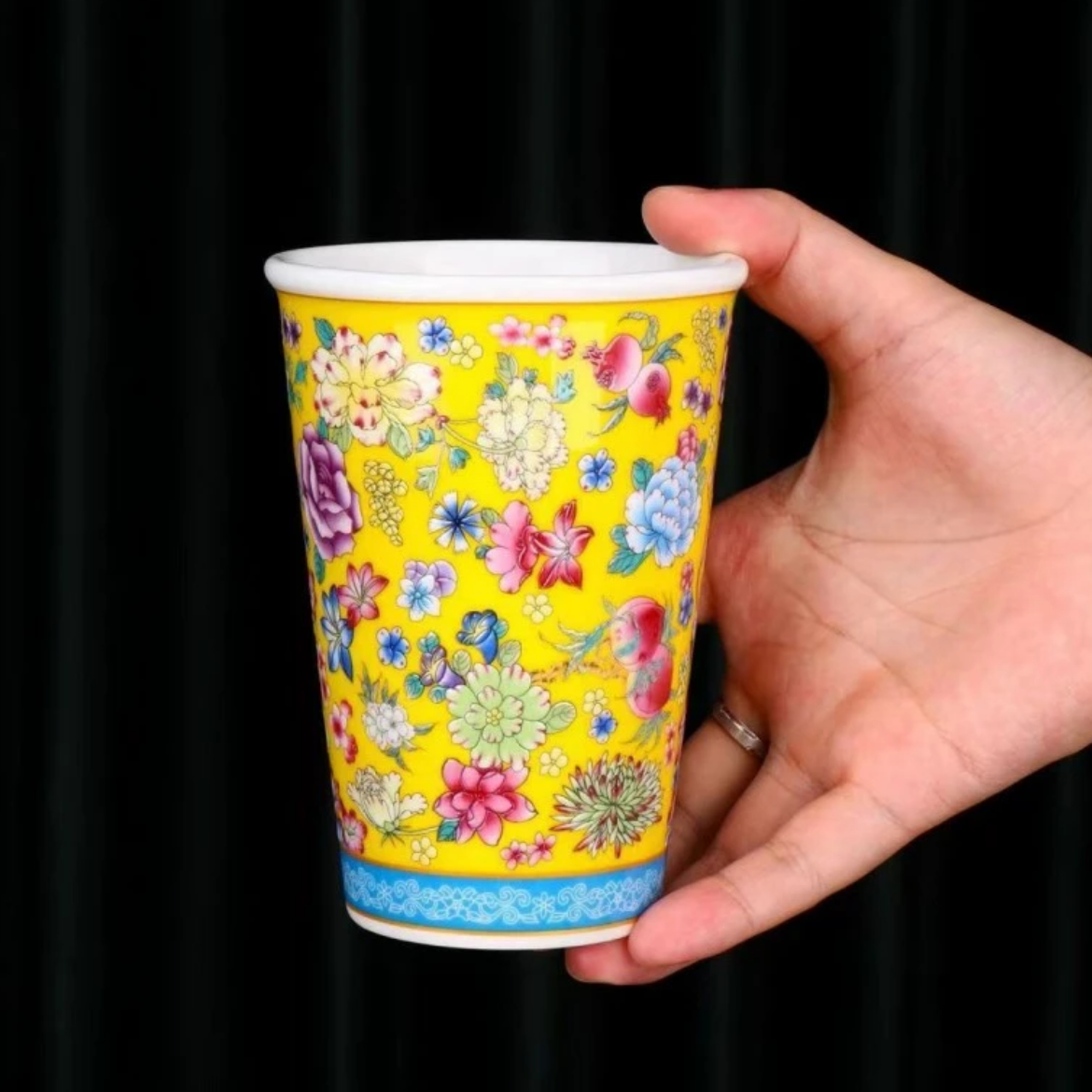 茗香瓷器珐琅彩缠枝莲可乐杯主人杯茶杯（黄）-4551（直播专享）