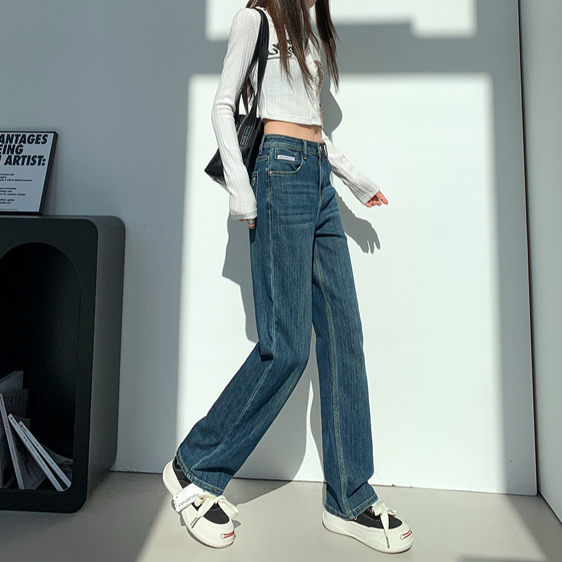 质感蓝灰洗水做旧牛仔裤女新款窄版直筒裤显瘦宽松夏季小个子复古