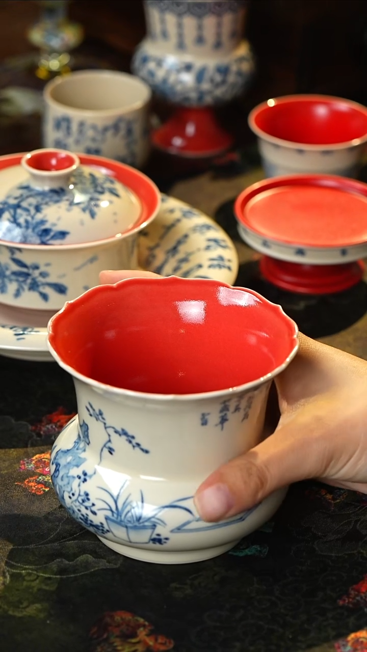 雨香斋景德镇高温纯手工手绘柿子红清供图异形水洗