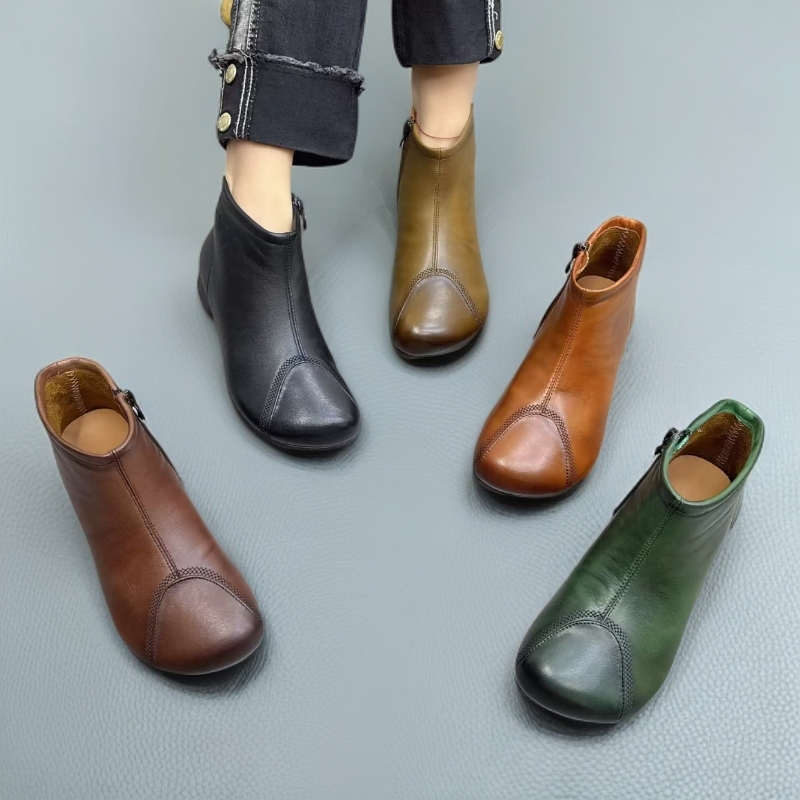 【布里/二棉】广州纯牛皮短靴复古港风6693平跟休闲百搭软底妈妈鞋